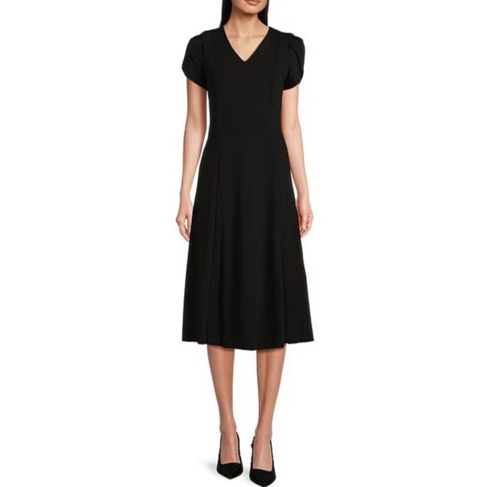 Calvin Klein Sheath Midi Dress Sz 10 Black Short Tulip Sleeve V-Neck Gold Zipper
